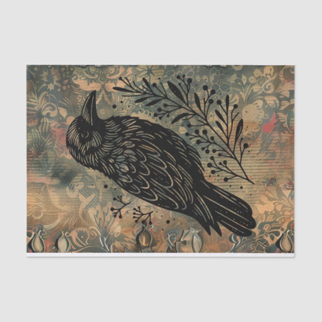 Dark Vintage Floral Raven Decoupage Tissue Paper (Front)