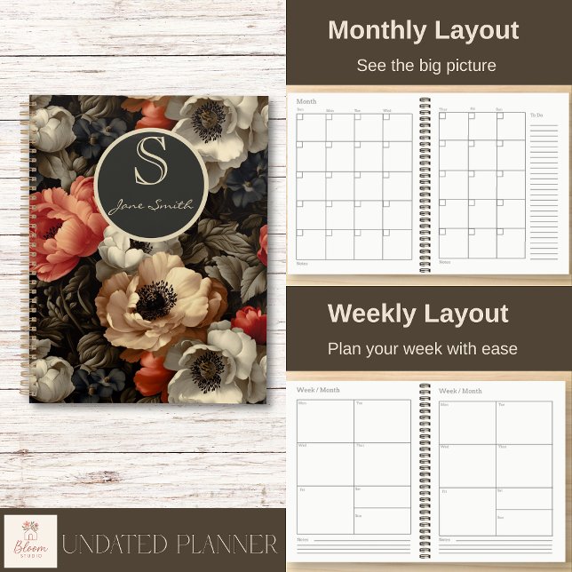 Dark Vintage Floral Spiral Planner  (Beautiful on the outside. Practical on the inside. Personalize your cover and enjoy clear layouts.)