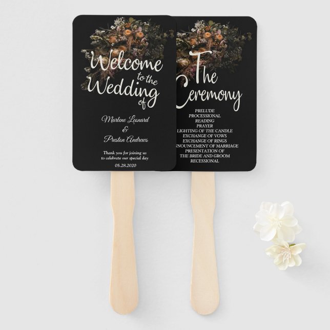 Dark vintage Floral Wedding Hand Fan (Front and Back)