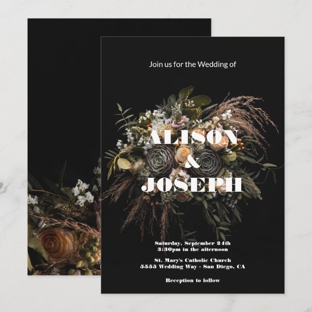 Dark Vintage Floral Wedding Invitation (Front/Back)