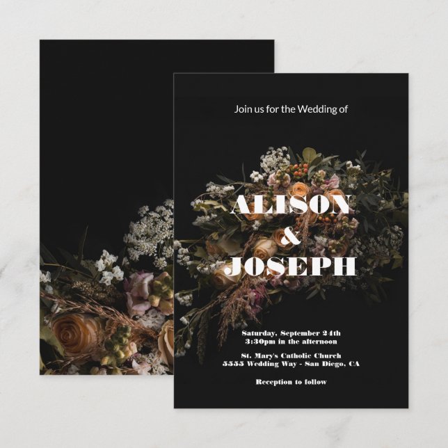 Dark Vintage Floral Wedding Invitation (Front/Back)