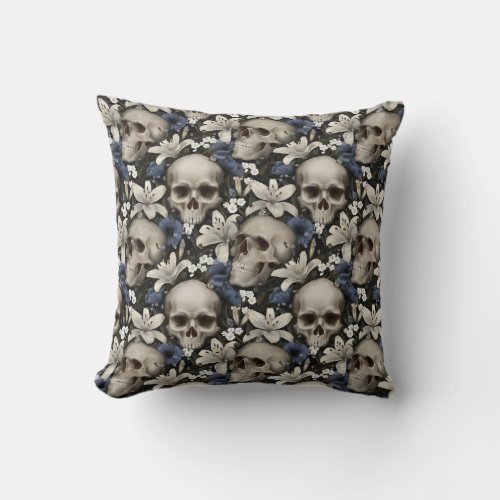 Dark Vintage Gothic Floral Skull Lily Butterflies Throw Pillow