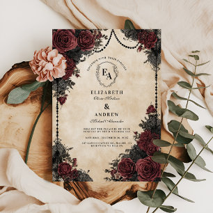 Dark Vintage Rose and Pearl Lace Invitation