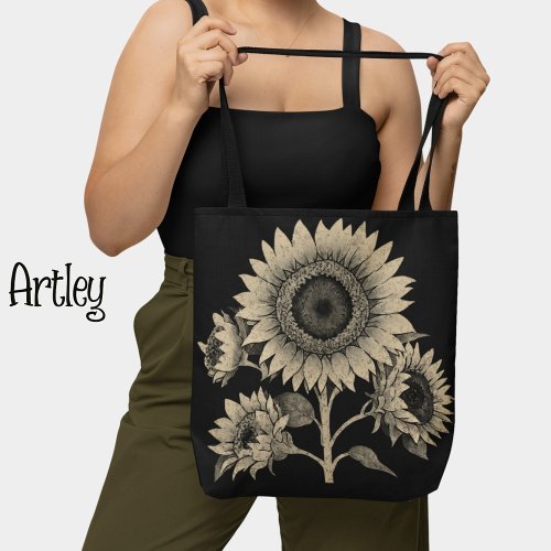 Dark Vintage Style Black White Sunflower Botanical Tote Bag
