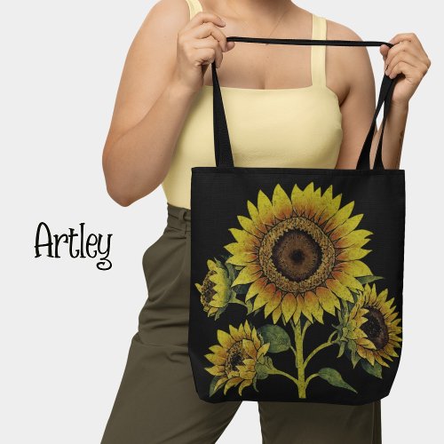 Dark Vintage Style Yellow Sunflower Botanical Tote Bag