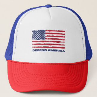 Dark Vintage USA Flag Defend America Trucker Hat
