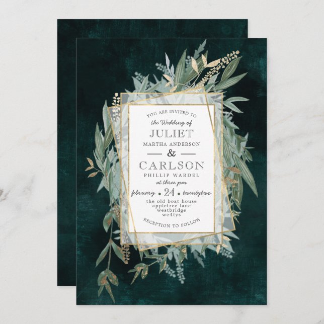 Dark Vintage Wreath with rustic Greenery Invitation (Front/Back)
