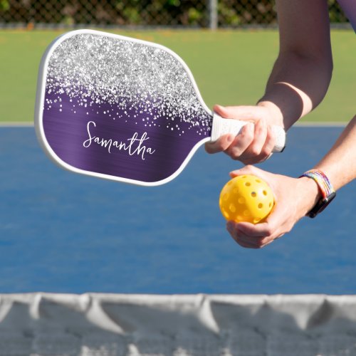 Dark Violet and Glittery Silver Glam Script Name Pickleball Paddle