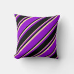 [ Thumbnail: Dark Violet, Black & Tan Colored Stripes Pattern Throw Pillow ]