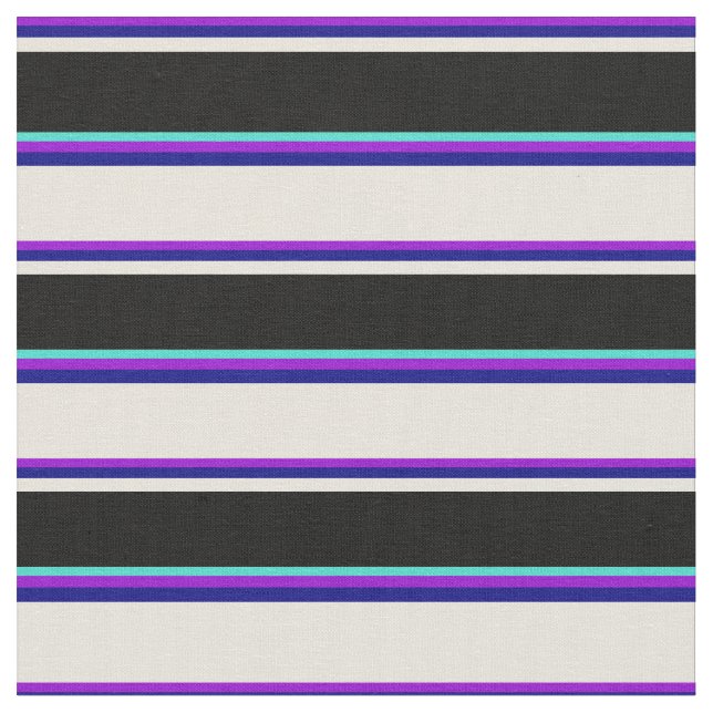 Dark Violet, Blue, Beige, Black & Turquoise Lines Fabric (Close Up)
