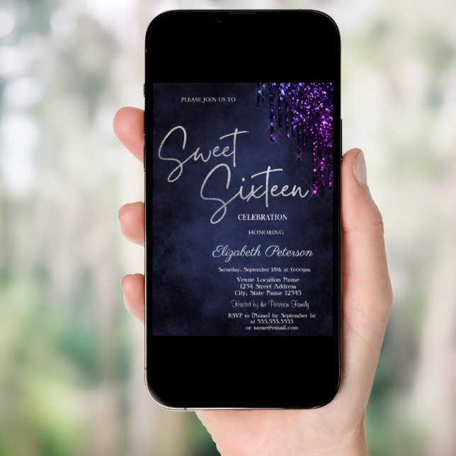 Dark Violet Glitter Drips, Navy Blue Sweet 16  Invitation (Front Digital)