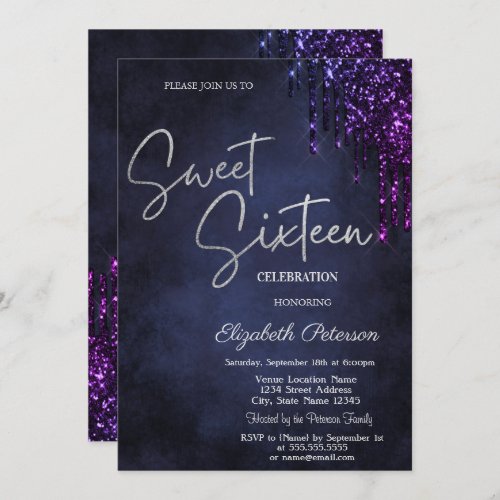 Dark Violet Glitter Drips Navy Blue Sweet 16  Invitation