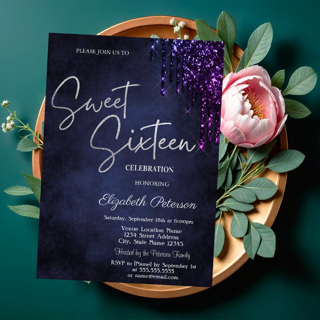 Dark Violet Glitter Drips, Navy Blue Sweet 16  Invitation (Creator Uploaded)