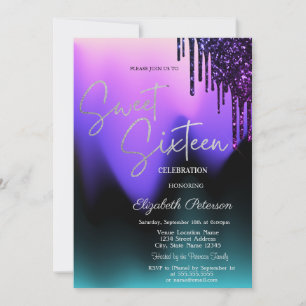 Dark Violet Glitter Drips,Ombre Sweet 16  Invitation