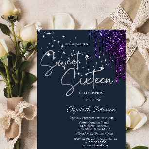 Dark Violet Glitter Drips, Stars Blue Sweet 16  Invitation