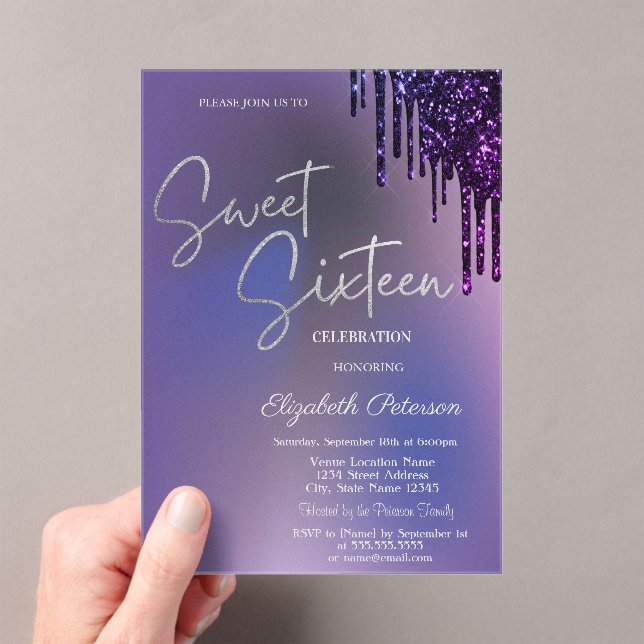 Dark Violet Glitter Drips Violet Sweet 16  Acrylic Invitations (Insitu (Handheld))