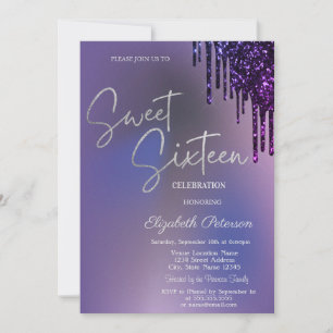 Dark Violet Glitter Drips Violet Sweet 16  Invitation
