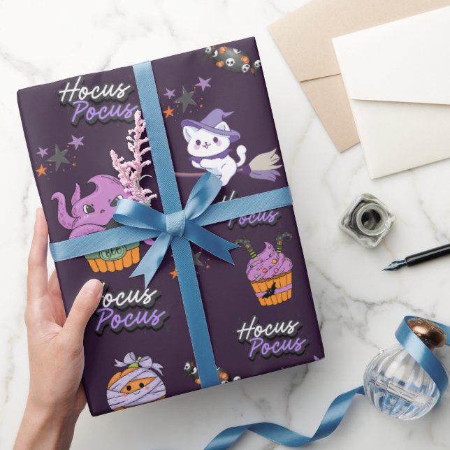 dark violet Hocus Pocus cute Witch Cat Halloween Wrapping Paper (Gifting)