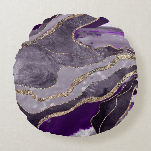 Dark Violet Marble Agate Gold Glitter Glam #1  Round Pillow (Front)