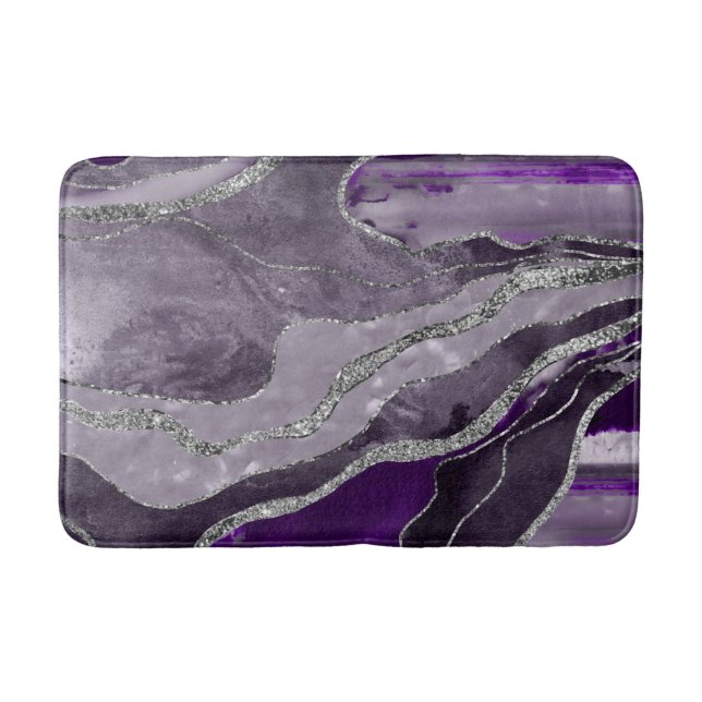 Dark Violet Marble Agate Silver Glitter Glam #1  Bath Mat (Front)
