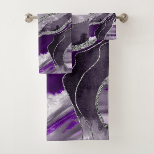 Dark Violet Marble Agate Silver Glitter Glam 1  Bath Towel Set