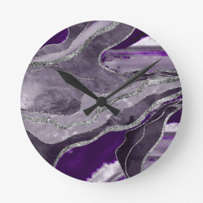 Dark Violet Marble Agate Silver Glitter Glam #1 Round Clock