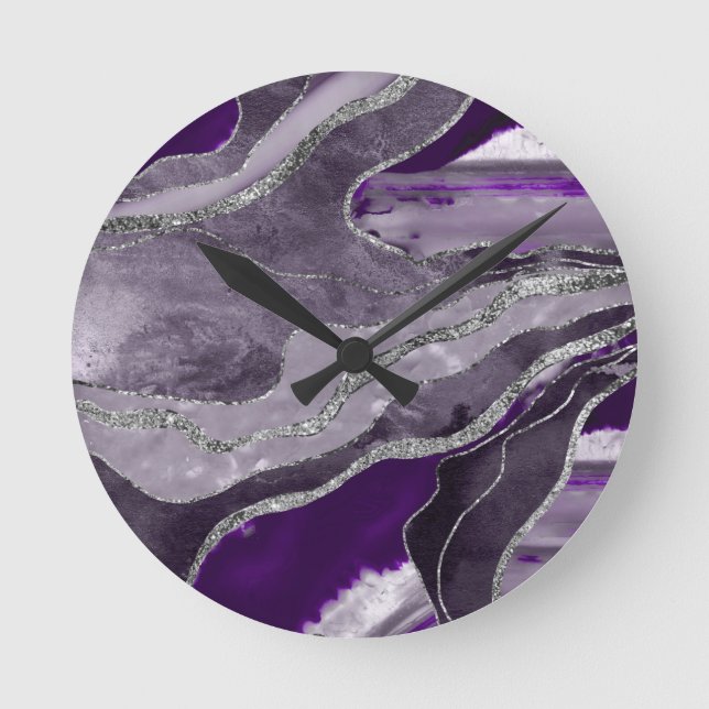 Dark Violet Marble Agate Silver Glitter Glam #1 Round Clock (Front)
