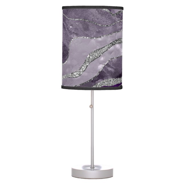 Dark Violet Marble Agate Silver Glitter Glam #1  Table Lamp (Front)