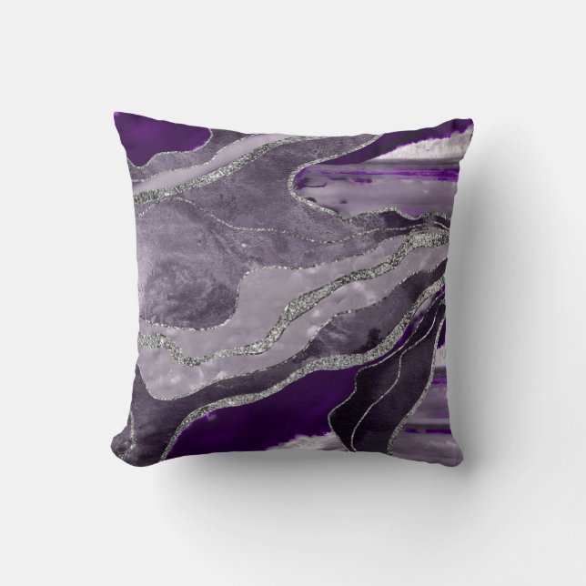 Dark Violet Marble Agate Silver Glitter Glam #1  Throw Pillow (Front)