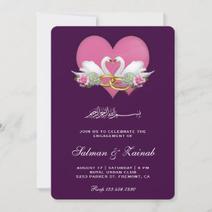 Dark Violet Romantic Swans Islamic Engagement Invitation