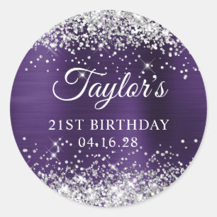 Dark Violet Silver Glittery Foil 21st Birthday Classic Round Sticker