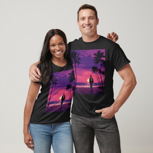 Dark violet sunset palm trees young man in black T_Shirt