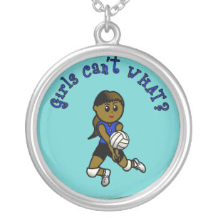 Dark Volleyball Girl in Blue Uniform Silver Plated Necklace