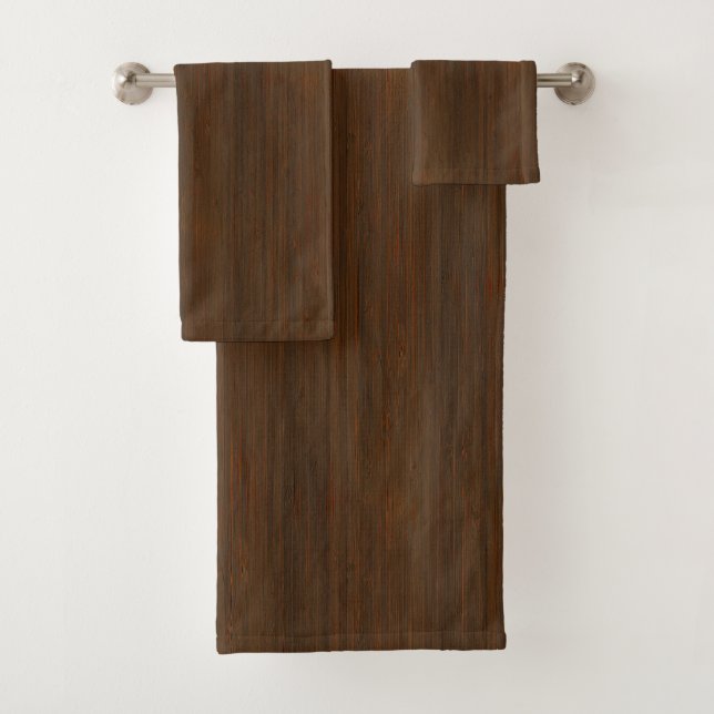 Dark Walnut Brown Bamboo Wood Grain Look Bath Towel Set (Insitu)