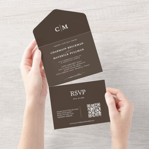 Dark Walnut Brown Monogram QR Code RSVP  Wedding All In One Invitation