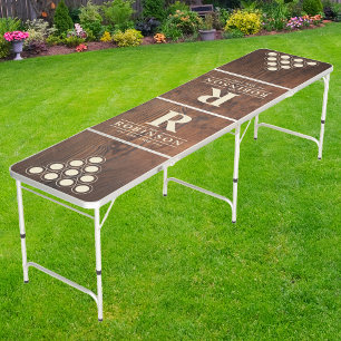Dark Walnut Wood Family Name & Initial Cream Beer Pong Table