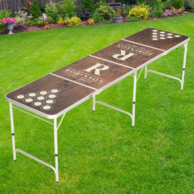 Dark Walnut Wood Family Name & Initial | Cream Beer Pong Table (Creator Uploaded)