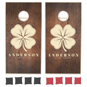 Dark Walnut Wood Four Leaf Clover with Name Cornhole Set