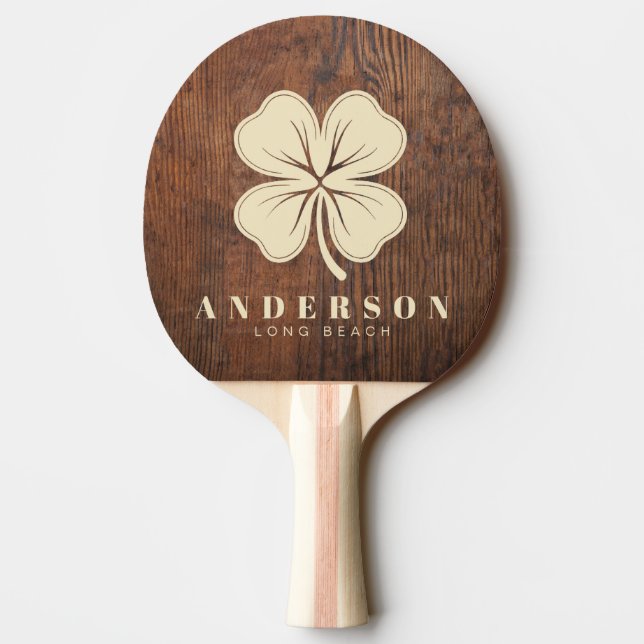 Dark Walnut Wood Four Leaf Clover with Name Ping Pong Paddle (Back)