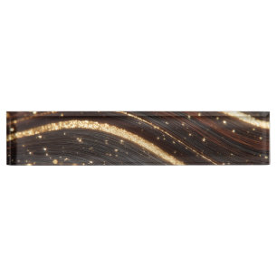 Dark Walnut Wood Grain with Sparkling Gold Rivers Desk Name Plate