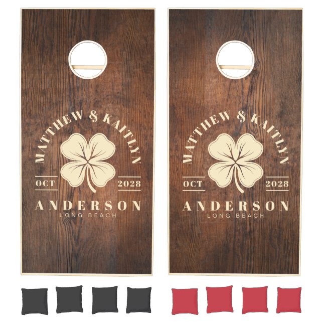 Dark Walnut Wood Irish Clover Wedding Crest Cornhole Set (Set)