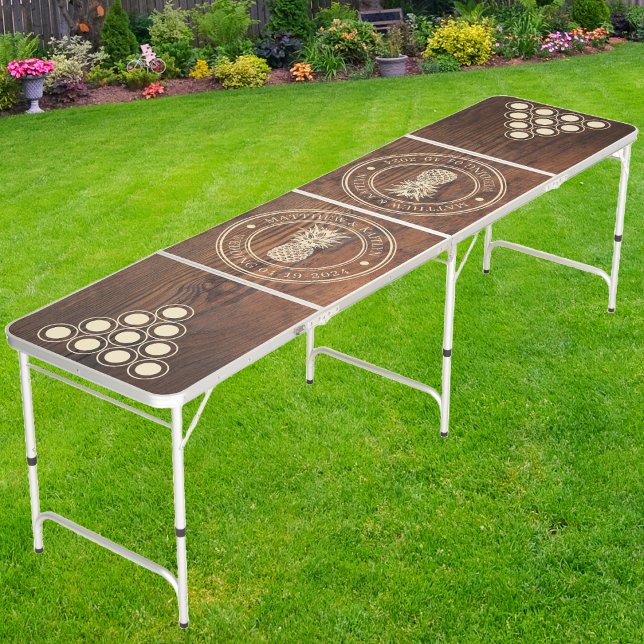 Dark Walnut Wood Pineapple Wedding Crest & Names Beer Pong Table (Creator Uploaded)