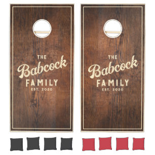 Dark Walnut Wood Retro Family Name & Year Cornhole Set