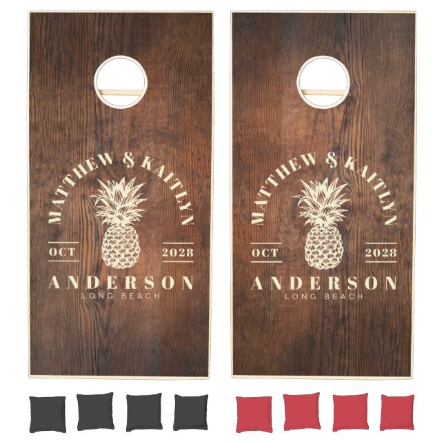 Dark Walnut Wood Tropical Pineapple Wedding Cornhole Set (Set)