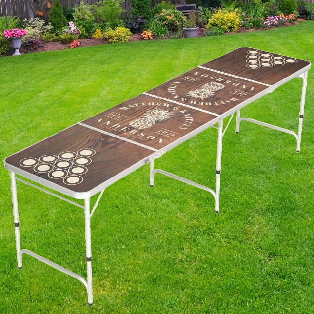 Dark Walnut Wood Tropical Pineapple Wedding Crest Beer Pong Table (Creator Uploaded)
