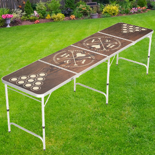 Dark Walnut Wood Wedding Heart Crossing Initial Beer Pong Table