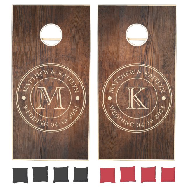 Dark Walnut Wood Wedding Monogram Cornhole Set (Set)