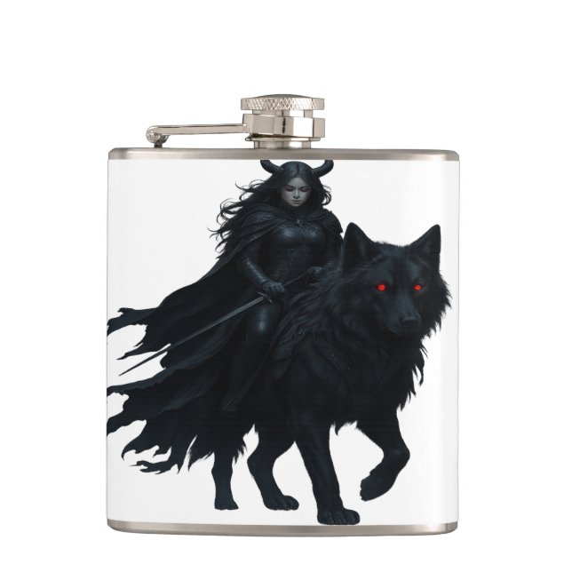 Dark Warrior on Shadowwolf - Mystical Fan Flask (Front)