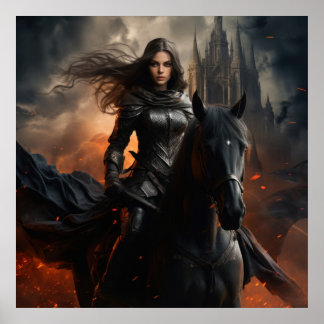 Dark Warrior Princess on Black Horse — Fantasy Cas Poster