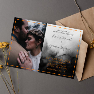 Dark Watercolor Black Orange Halloween Wedding Invitation